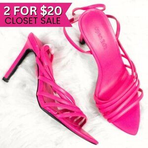 Open Edit Fuchsia Hot Pink Faux Leather Strappy Ankle Wrap High Heels 5.5‎